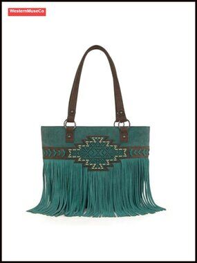 Trinity Ranch Tooled Tote Bag Aztec Leather Fringe Western Handbag